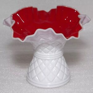 Vintage Kanawha Hobnail Red&White Milk Glass Vase Diamond Dot Pattern